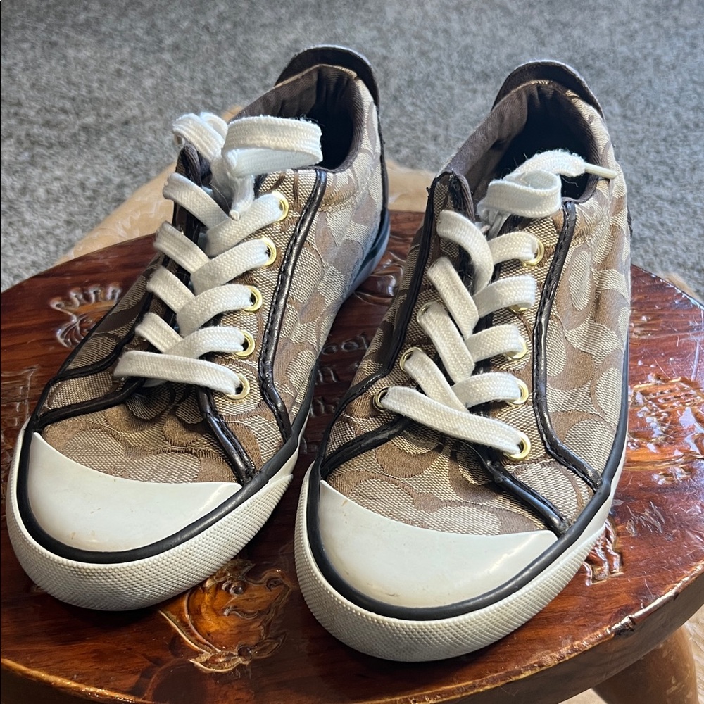 Coach Tan Monogram Low Top Sneakers with White Accents